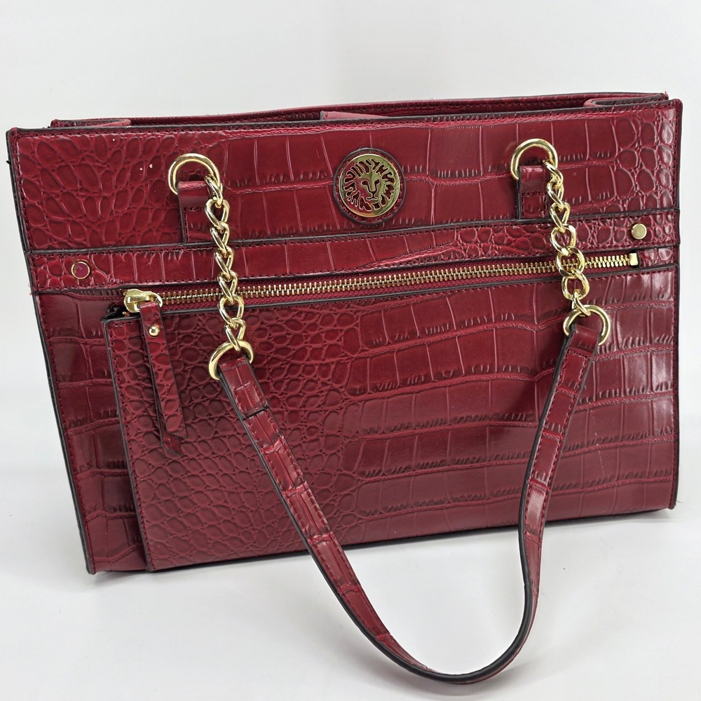 Anne Klein Shoulder Bag Burgundy Red Croc Embossed Gold Chain Satchel Tote Y2K
